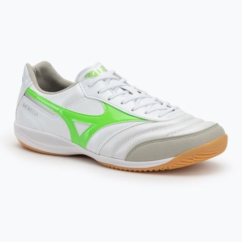 Mizuno Morelia Sala Elite IN мъжки футболни обувки бяло/неоново зелено/галактическо сребристо