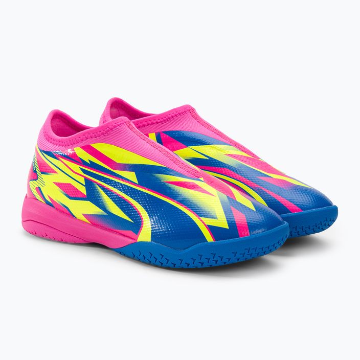 Детски футболни обувки PUMA Ultra Match LL Energy IT+Mid Jr светещо розово/ултра синьо/жълто предупреждение 4