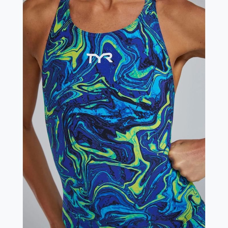 Дамски цял костюм за плуване TYR Thresher Open Back Hyperblitz blue/green 5