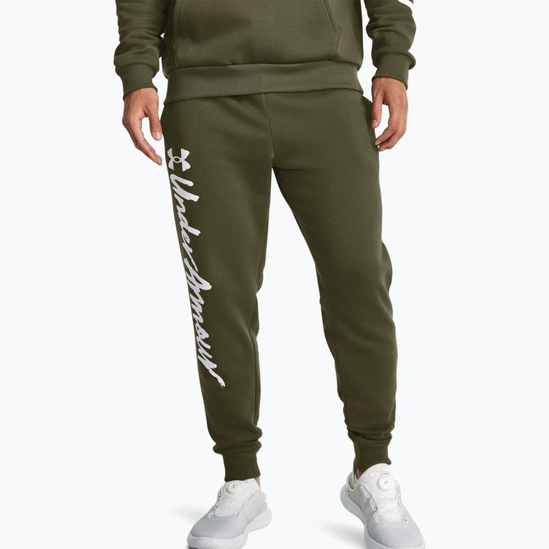 Мъжки панталони за тренировка Under Armour Rival Fleece Graphic Joggers marine от зелен/бял