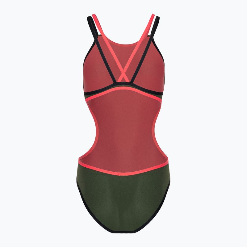 Дамски бански костюм от една част arena One Double Cross Back One Piece dark sage/black/fluo red 2