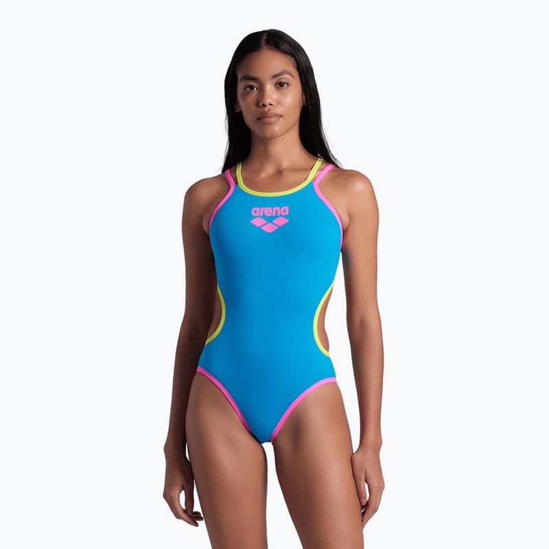 Дамски бански костюм от една част arena One Double Cross Back One Piece turquoise/fluo pink/soft green 6