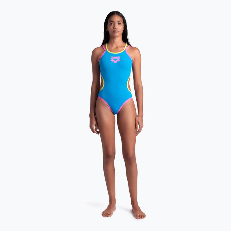 Дамски бански костюм от една част arena One Double Cross Back One Piece turquoise/fluo pink/soft green 7