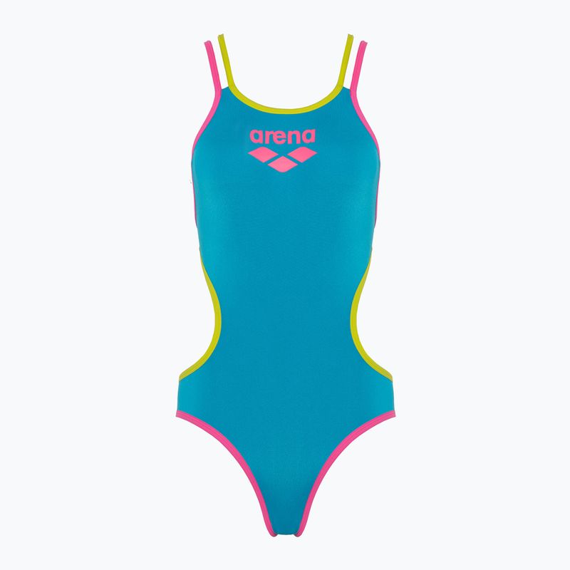 Дамски бански костюм от една част arena One Double Cross Back One Piece turquoise/fluo pink/soft green