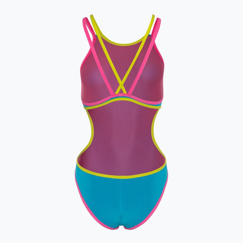 Дамски бански костюм от една част arena One Double Cross Back One Piece turquoise/fluo pink/soft green 2