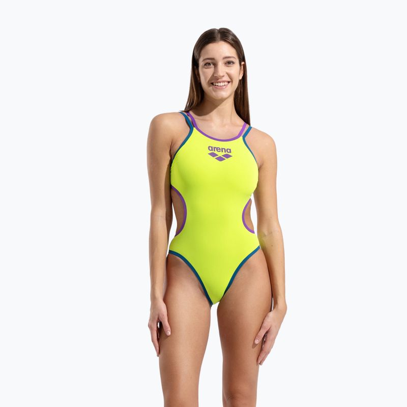 Дамски цял костюм за плуване arena One Double Cross Back One Piece artic lime/plum/blue cosmo 5