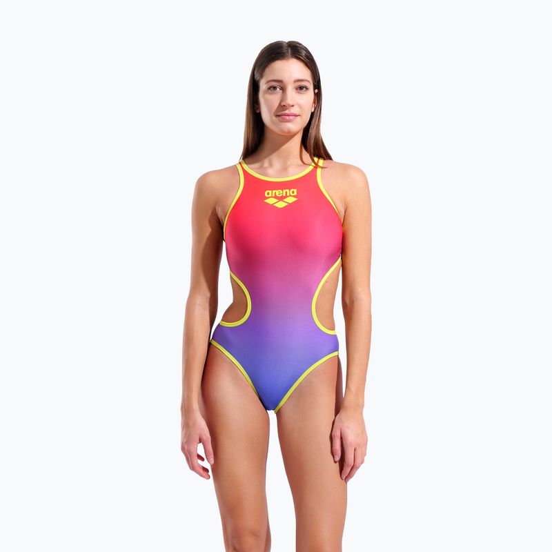 Дамски цял костюм за плуване arena One Shaded Print Tech One Back bright coral royal multi/soft green 5