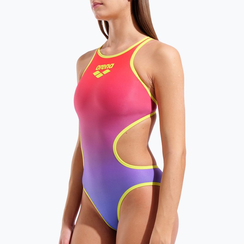 Дамски цял костюм за плуване arena One Shaded Print Tech One Back bright coral royal multi/soft green 8