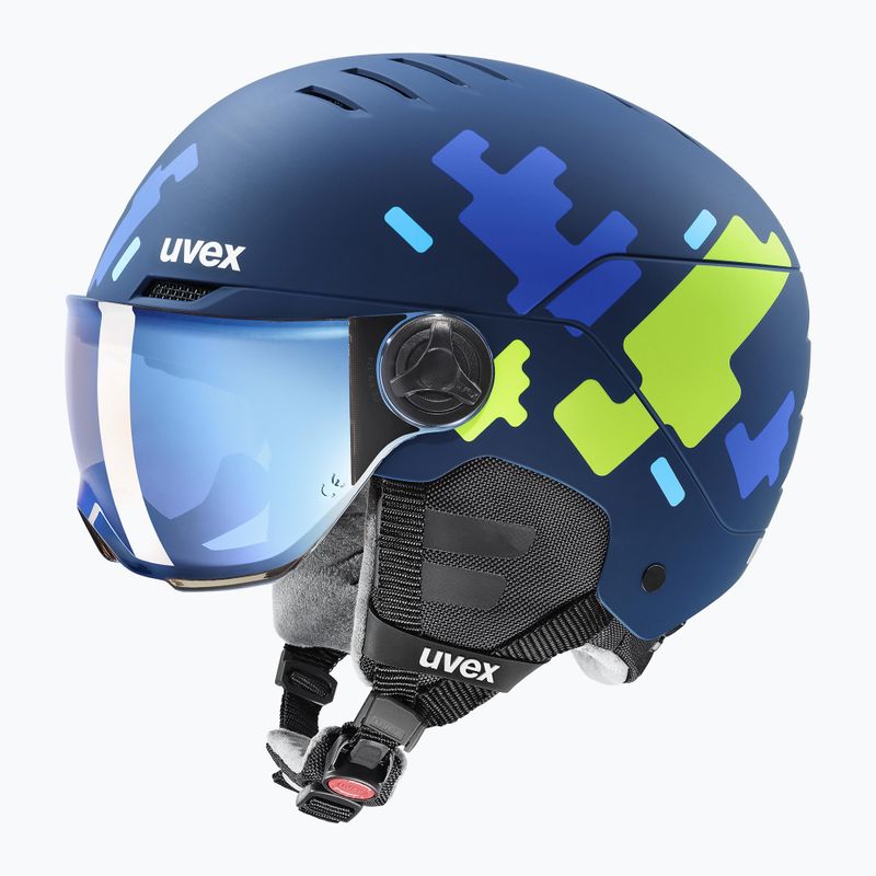 Детска ски каска UVEX Rocket Visor Jr blue matt/mirror blue/smoke