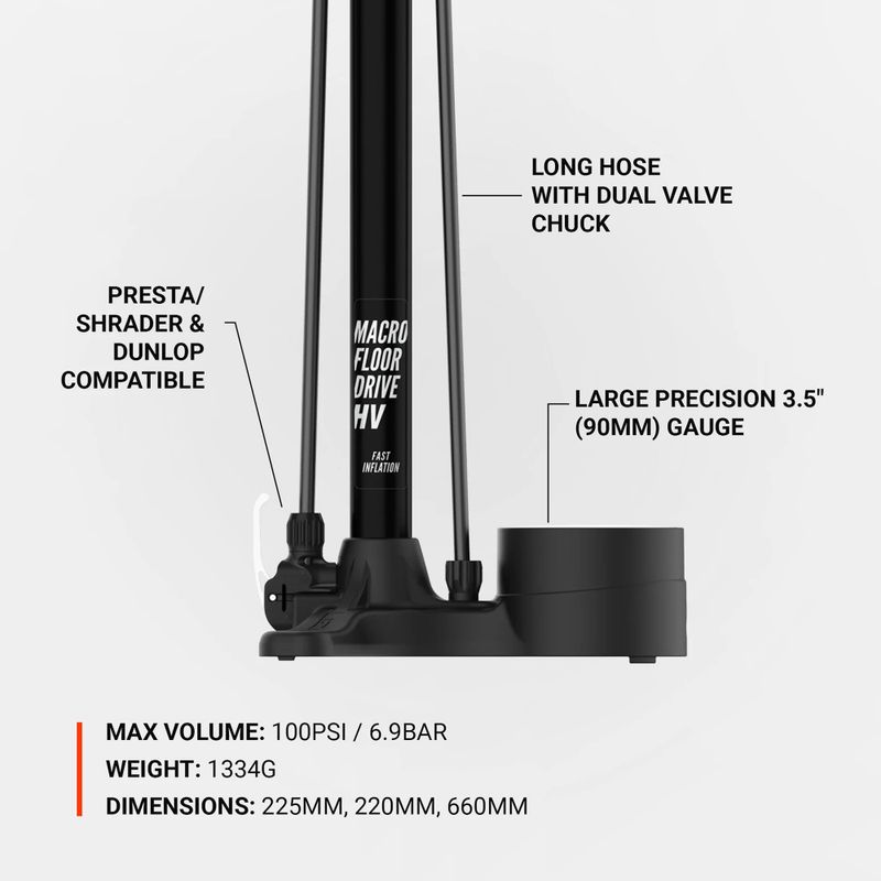 Lezyne Macro HV Floor Drive DV 100psi плоска черна помпа за велосипед 6