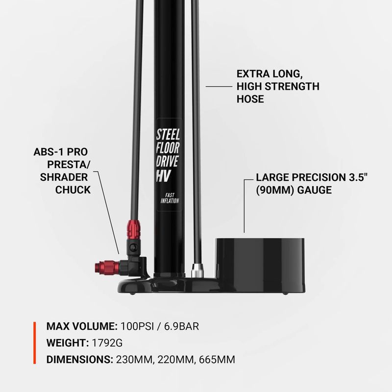 Lezyne Steel HV Floor Drive 3.5 100psi плоска черна помпа за велосипед 4