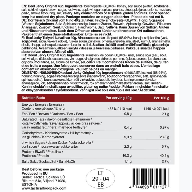 Сушено говеждо месо Tactical Foodpack Beef Jerky Original 40 g 2