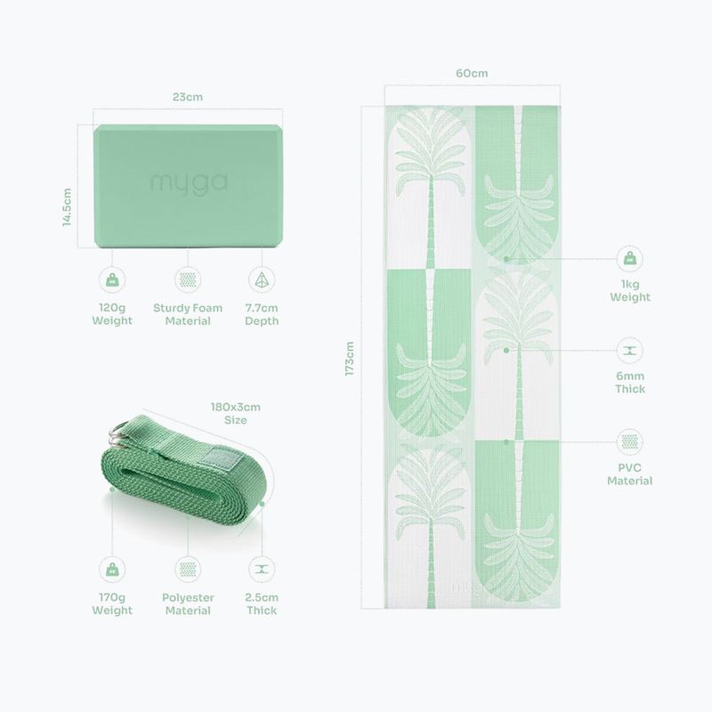 Комплект за йога Myga Sage Palm Yoga Set mat + block + green strap 13