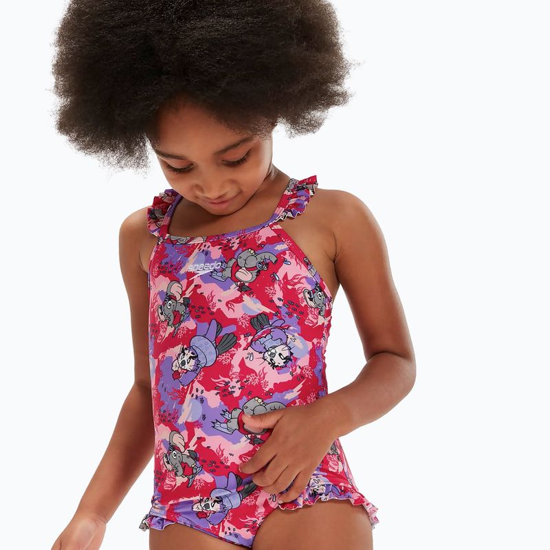 Детски бански от една част Speedo Learn To Swim Printed Frill Thinstrap cherry pink/sweet taro/hellium 5