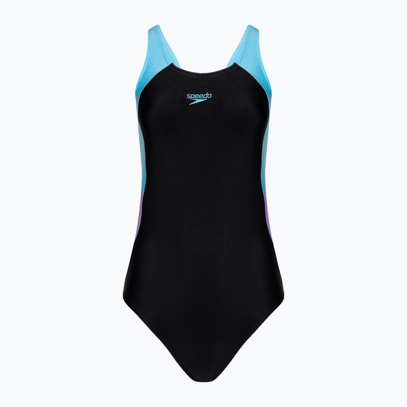 Speedo Colourblock Splice Muscleback дамски бански от една част черен/сладколилав/синьо пиктон