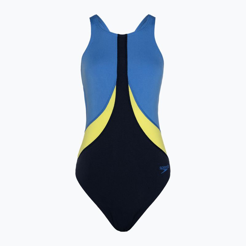 Speedo Бански костюм Colourblock Highneck Crossback true navy/sevres blue/lemon drizzle