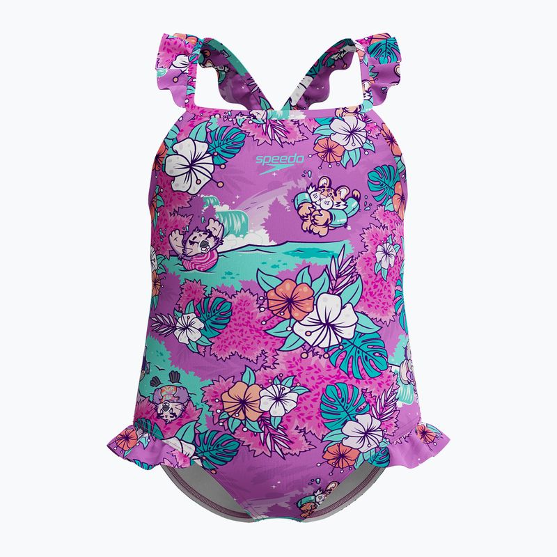 Speedo Научи се да плуваш Детски бански костюм от една част с щампа Frill Thinstrap в неоново лилаво
