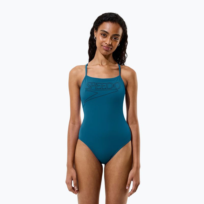 Дамски цял бански костюм Speedo Endurance+ с лого и тънки презрамки в цвят тийл абис 3