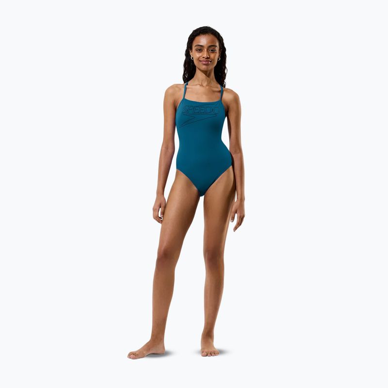 Дамски цял бански костюм Speedo Endurance+ с лого и тънки презрамки в цвят тийл абис 4
