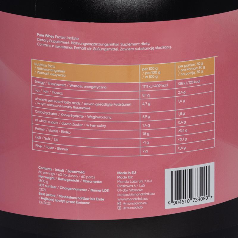 Pure Whey MONDOLAB Protein Isolate 1,8kg banan-truskawka MND004 2