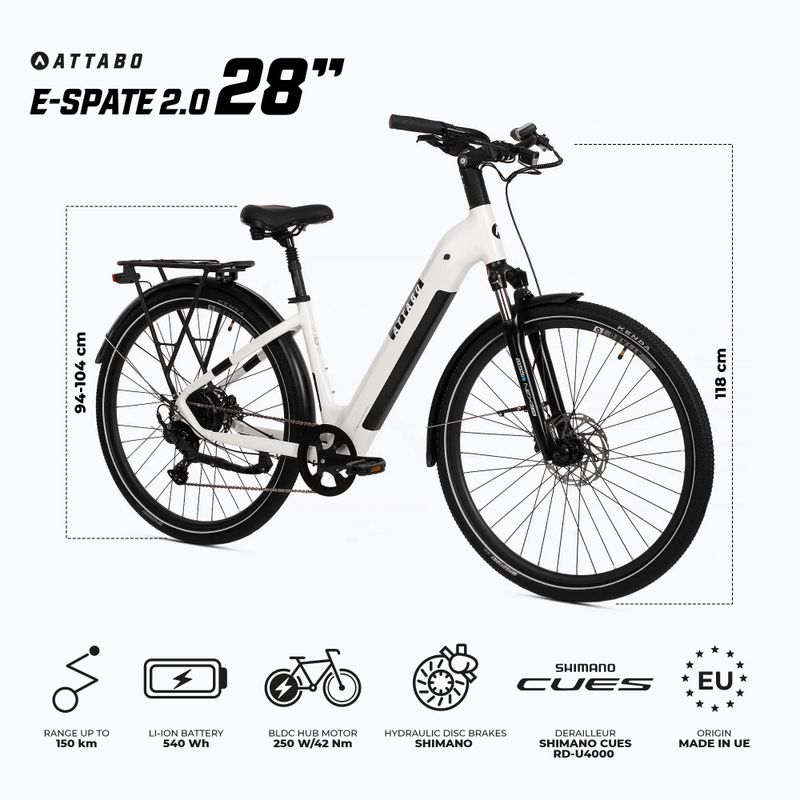 ATTABO E-SPATE 2.0 28" 36V 15Ah 540 Wh електрически велосипед бял 2