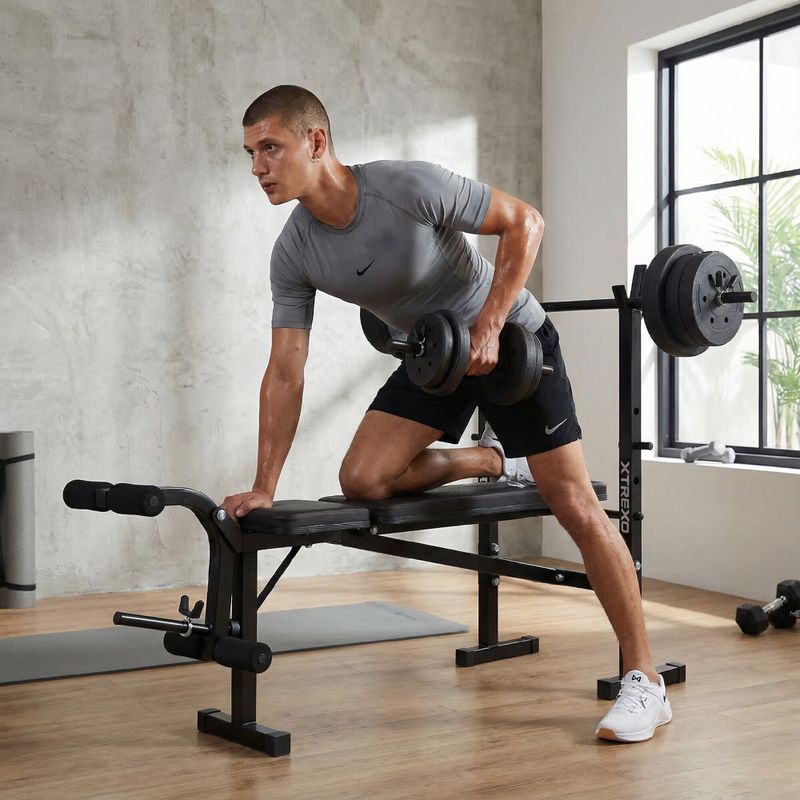 Тренировъчна пейка XTREXO BenchFit Lite със стойка и щанга черна 4