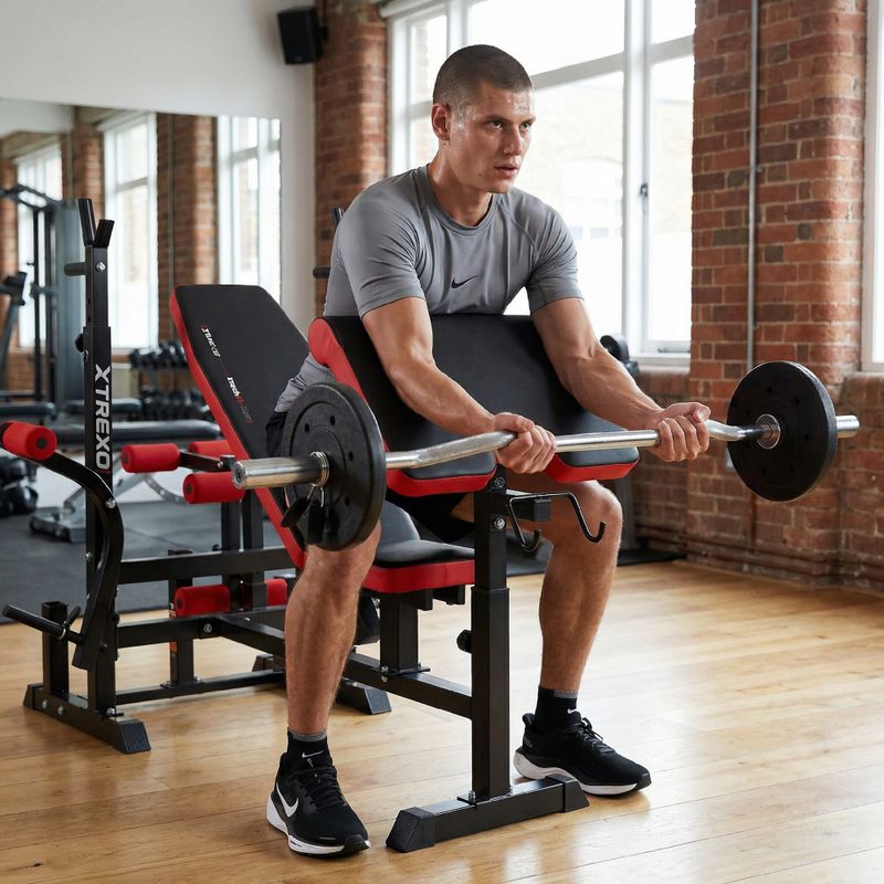 Тренировъчна пейка XTREXO BenchFit Max със стойка и молитвен лост черна 6