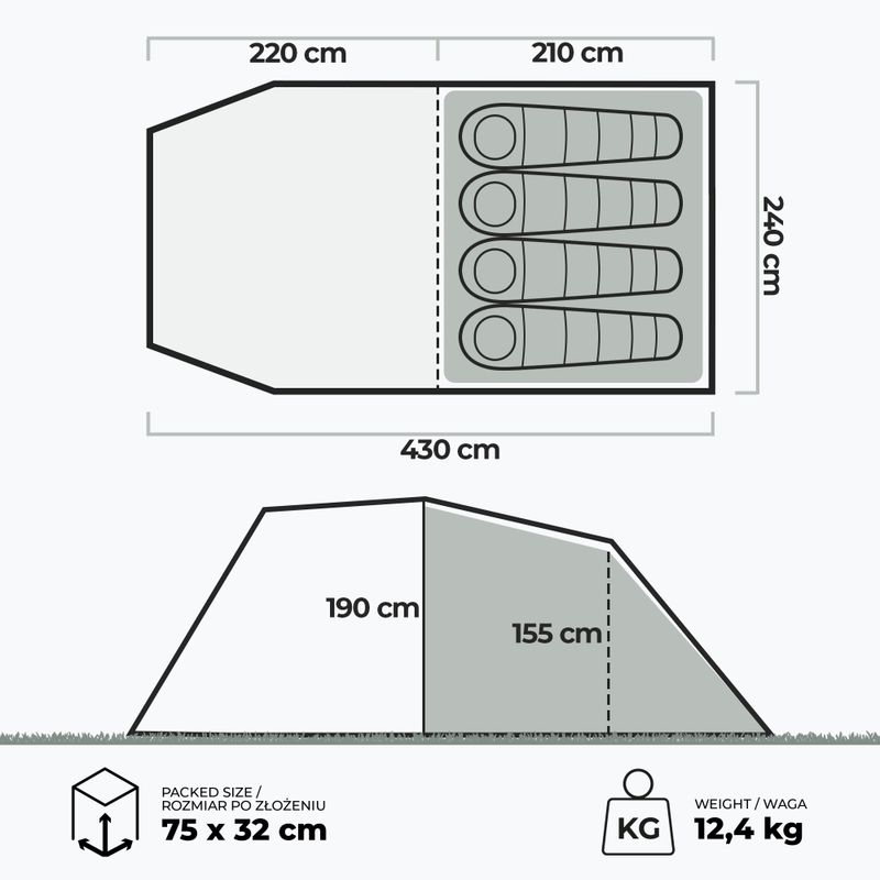 Надуваема палатка за къмпинг за 4 души KADVA AIRcamp 4.4 зелена 23