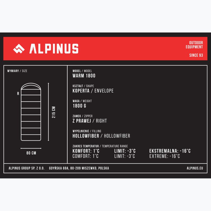 Спален чувал Alpinus Warm 1800 десен черен 6
