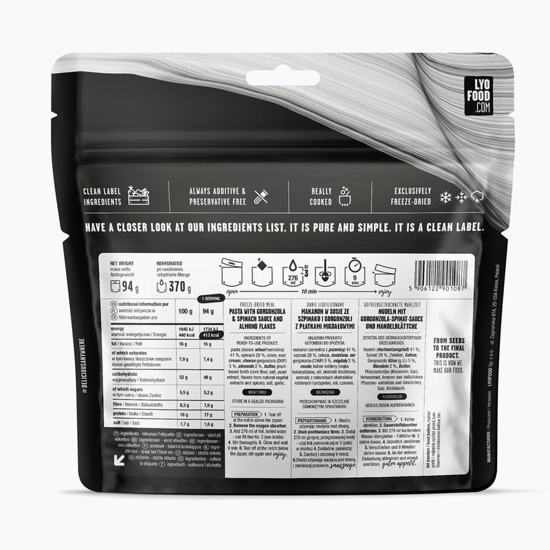 Лиофилизирана храна LYOFOOD Фарфале със спанак и горгонзола 370 g 2