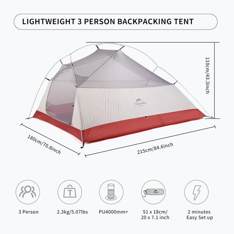 Палатка за трекинг 3 - местна Naturehike Updated Cloud Up 3 light grey/red 6