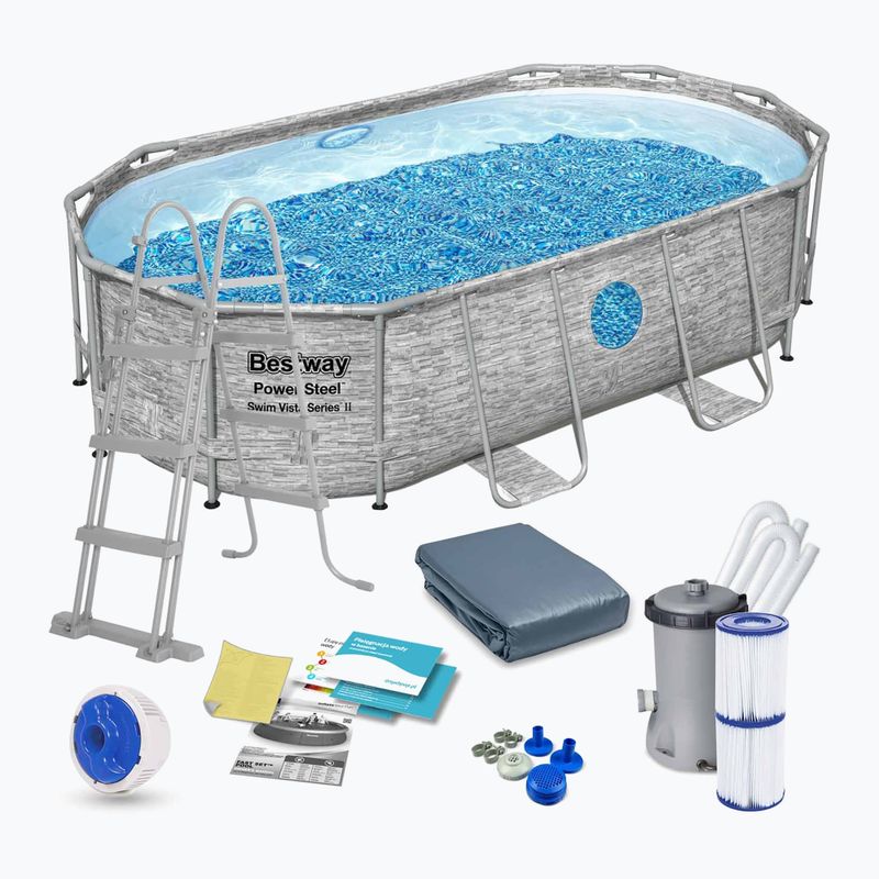 Сглобяем басейн Bestway Power Steel Swim Vista Series Oval Pool Set 427 x 250 cm сив