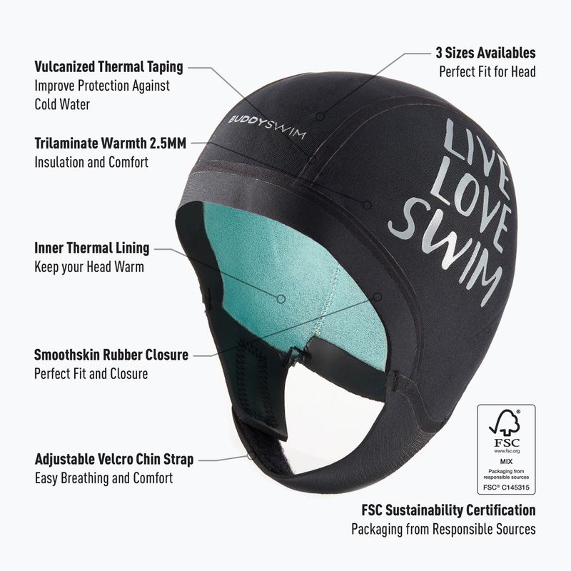 BuddySwim Trilaminate Warmth 2,5 мм неопренова шапка черна 3