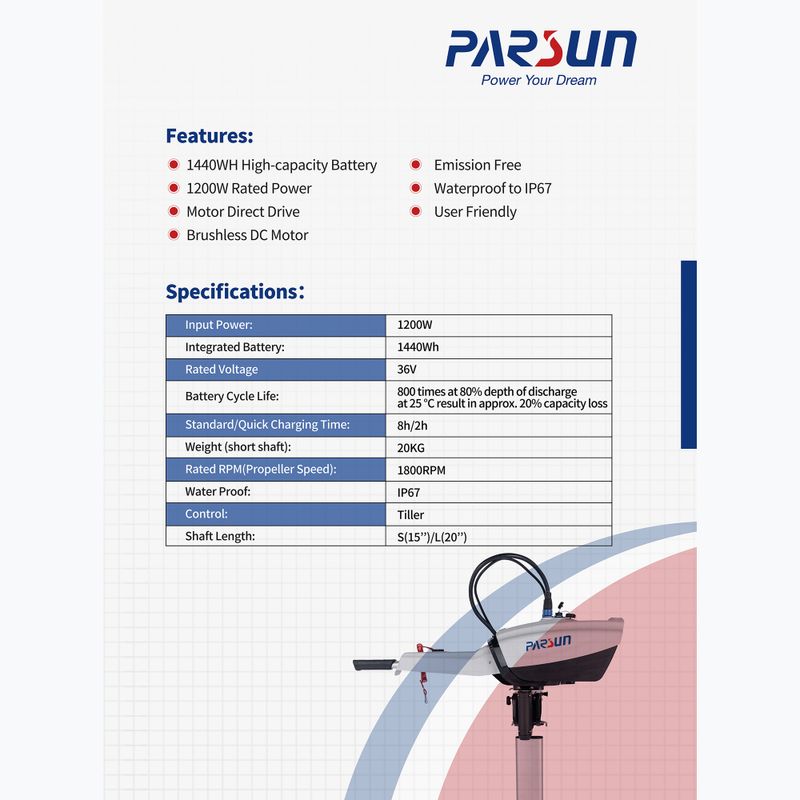 Електрически двигател Parsun Joy 1.2 S с батерия white 3