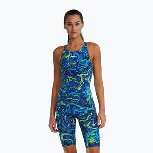 Дамски цял костюм за плуване TYR Thresher Open Back Hyperblitz blue/green