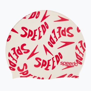 Детска шапка за плуване Speedo Slogan Print бяла/червена