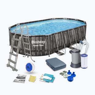 Сглобяем басейн Bestway Power Steel Oval Pool Set 610 x 366 cm кафяв