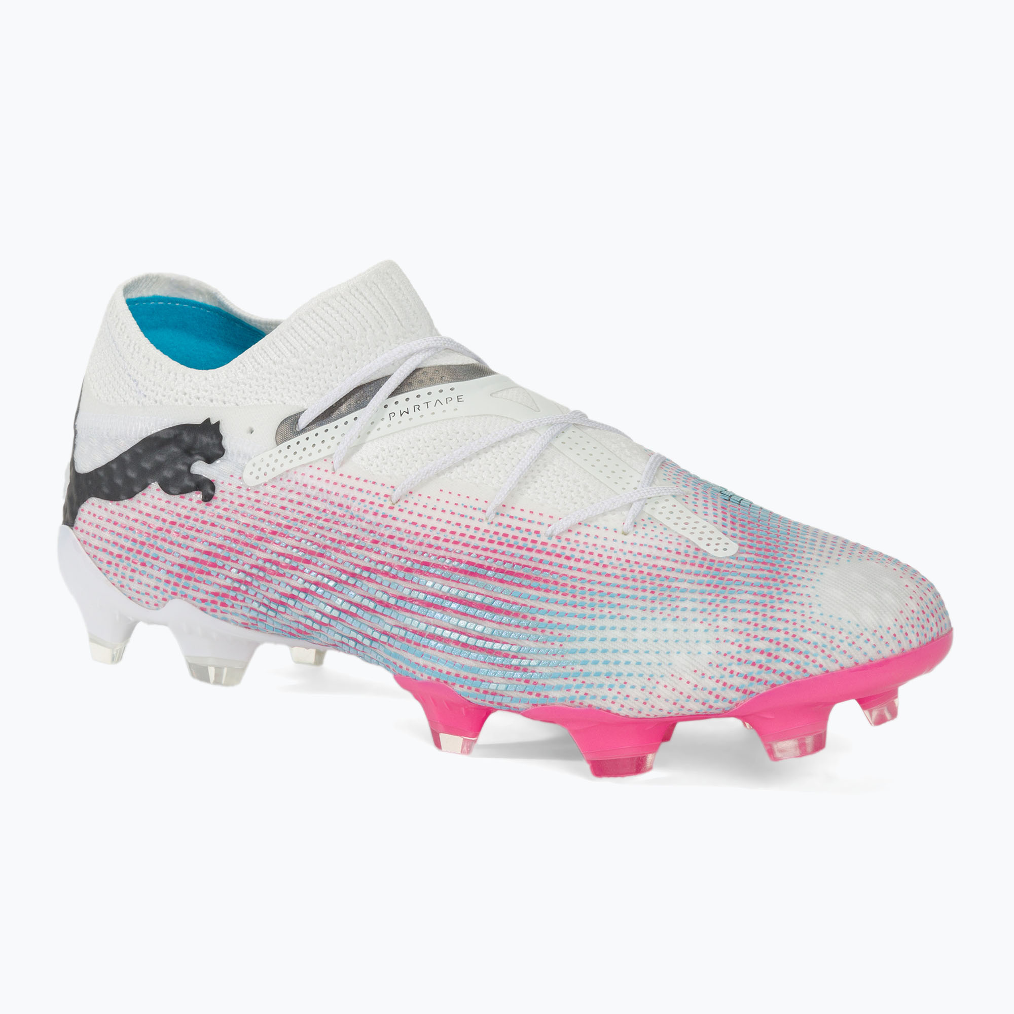 Футболни обувки PUMA Future 7 Ultimate Low FG/AG бяло/черно/отровно розово/ярко аква/сребърна мъгла